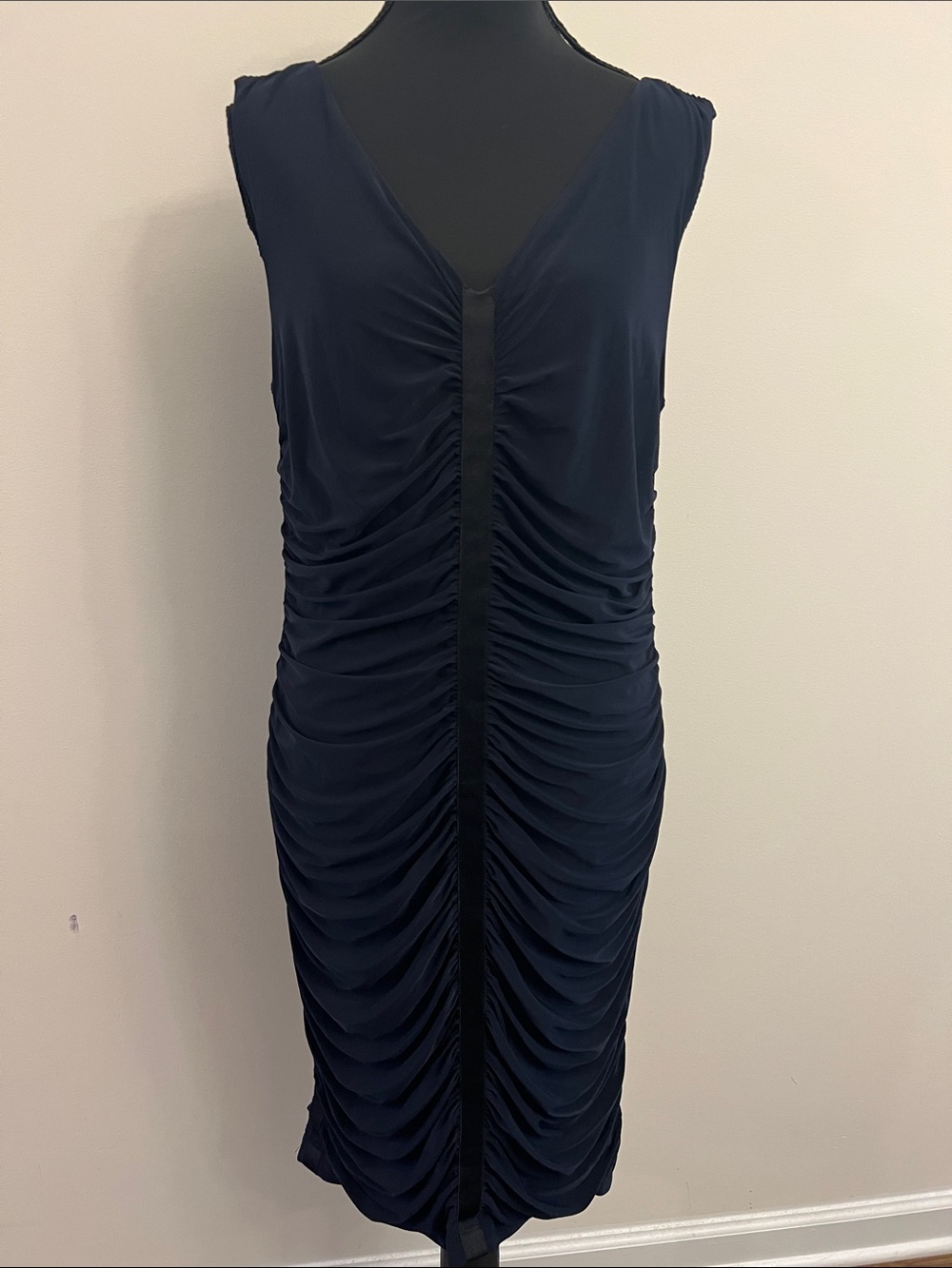 Cache Navy Ruched Zip-Front Midi Dress